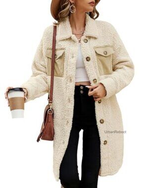Fuzzy Fleece Faux Fur Teddy Coat Button Down Long Winter Jacket